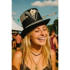 Black Rhinestone‎ Beaded Top Hat Derby Costume Party Festival Steampunk